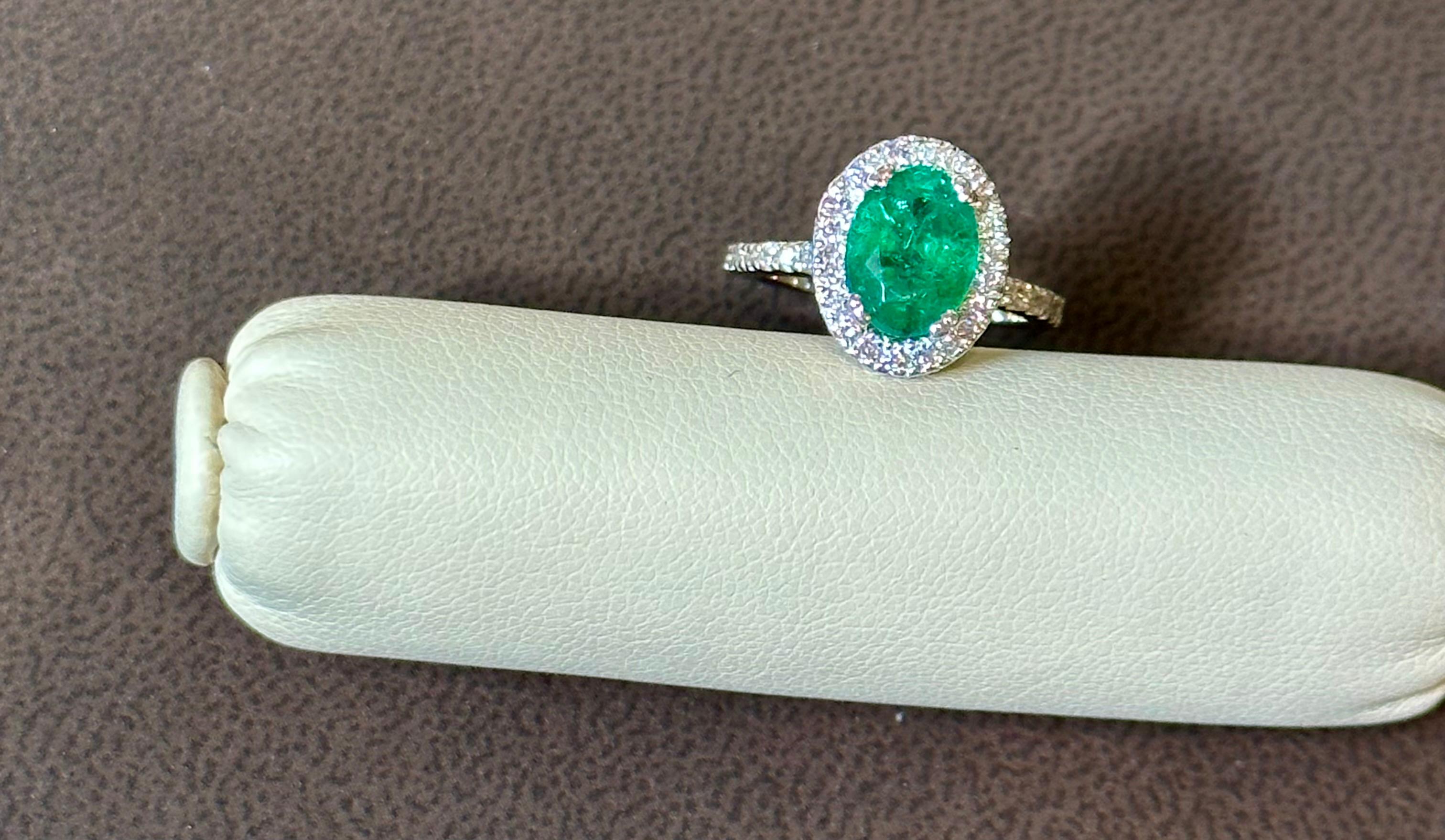 Oval Cut 2.5 Carat Oval Natural Zambian Emerald & 1.25ct Diamond Ring 14 Karat White Gold For Sale