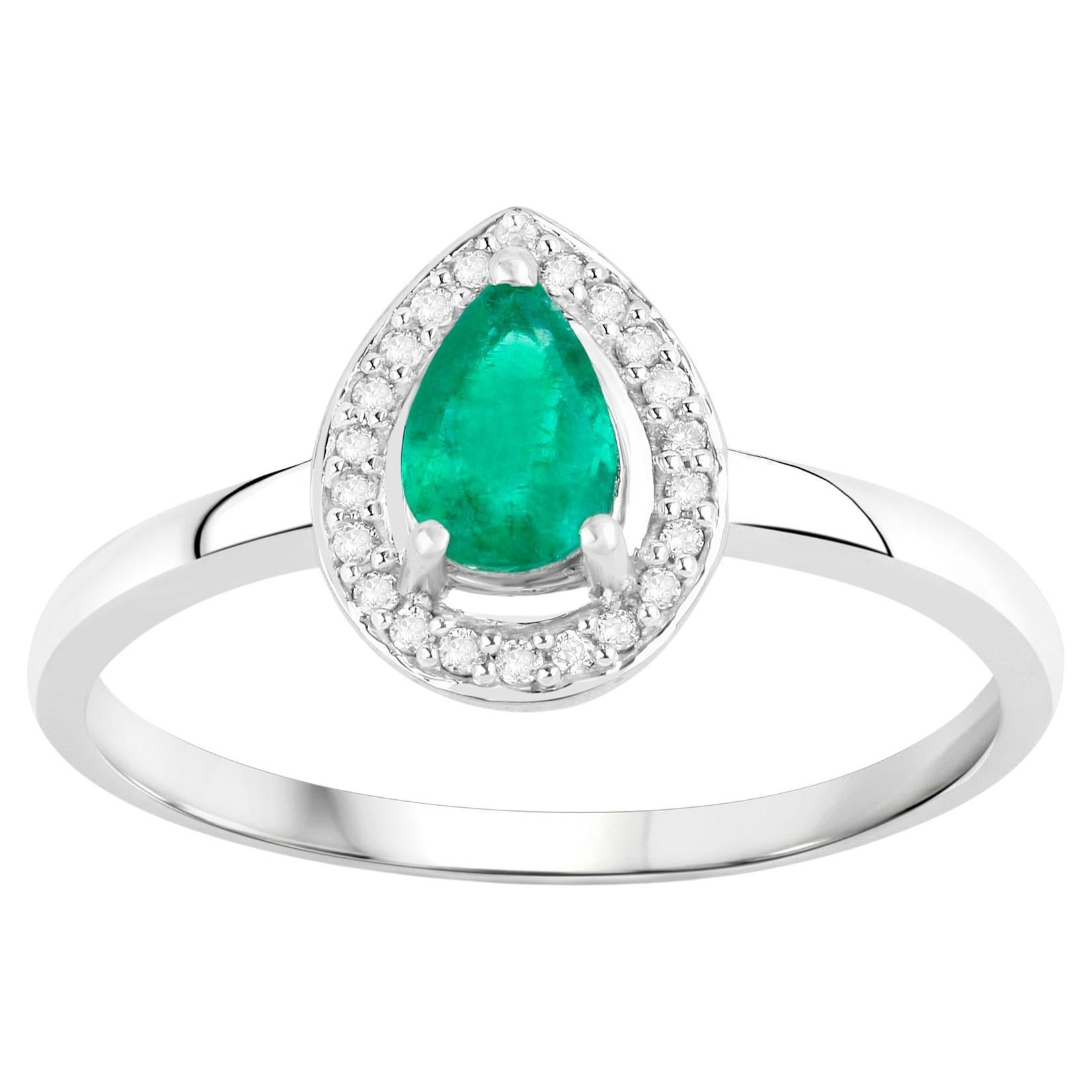 Natural Zambian Emerald Ring Diamond Halo 0.41 Carats 14K White Gold