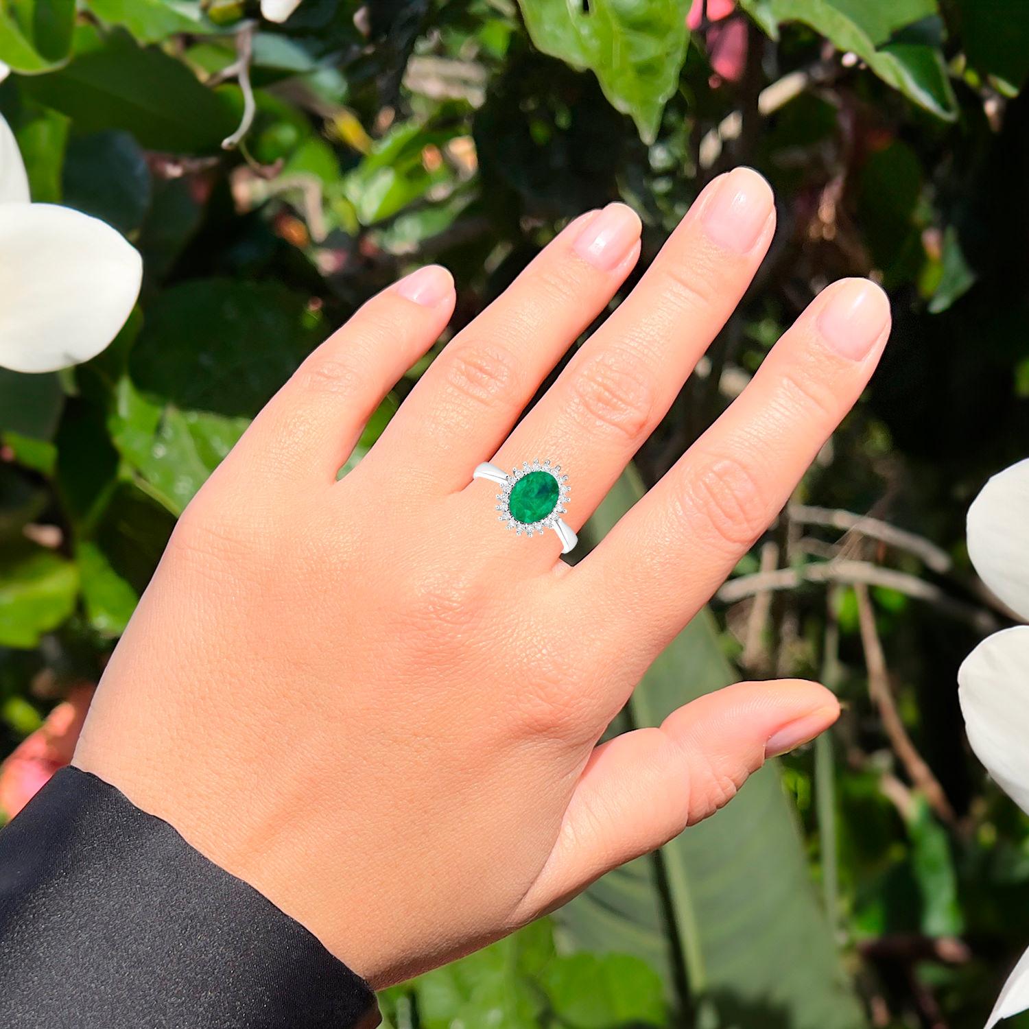 Oval Cut Natural Zambian Emerald Ring Diamond Halo 1.4 Carats 14K White Gold For Sale