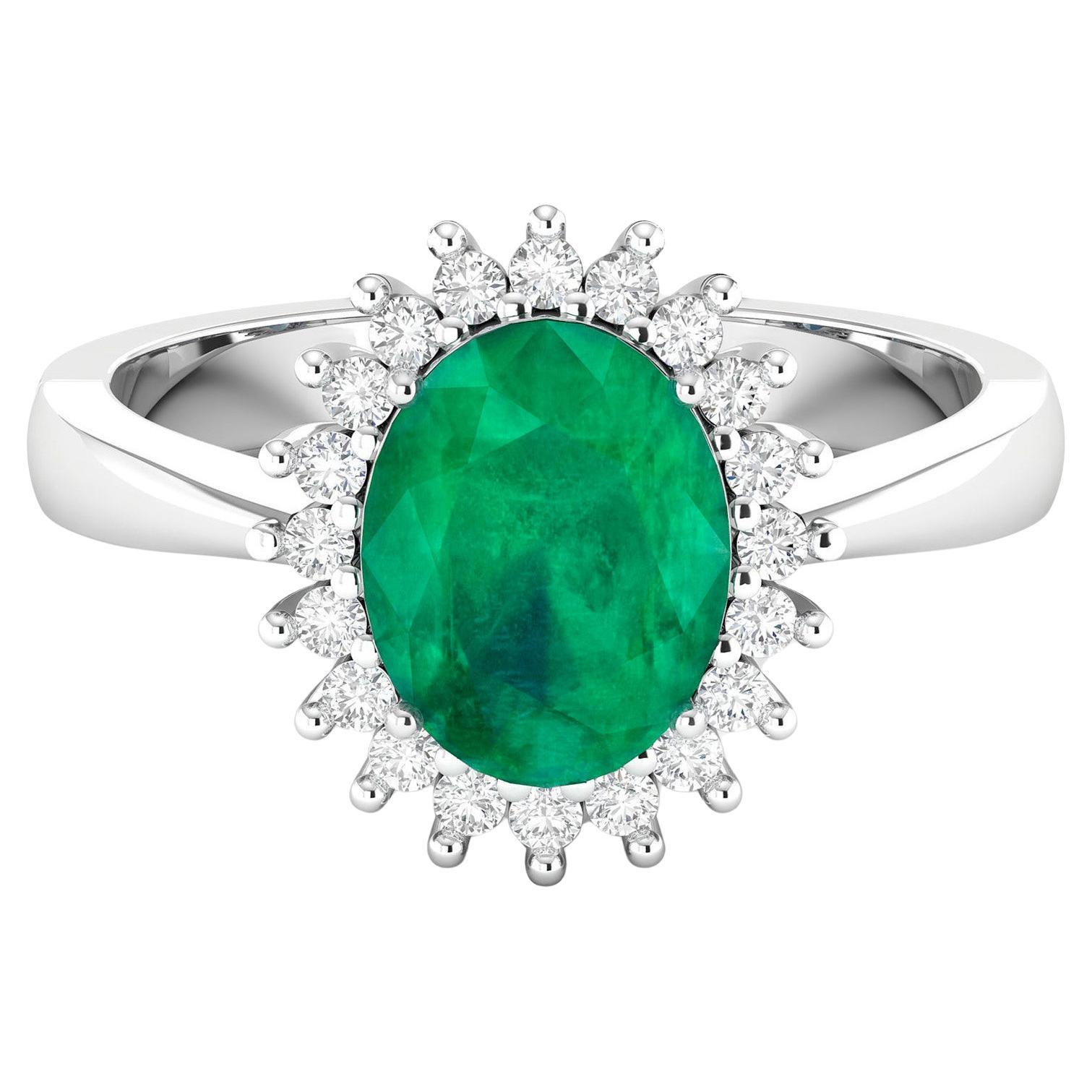 Natural Zambian Emerald Ring Diamond Halo 1.4 Carats 14K White Gold For Sale