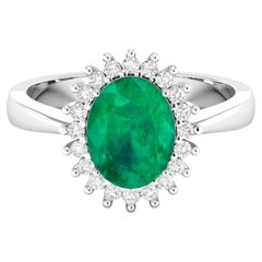 Natural Zambian Emerald Ring Diamond Halo 1.4 Carats 14K White Gold