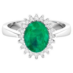Natural Zambian Emerald Ring Diamond Halo 1.4 Carats 14K White Gold