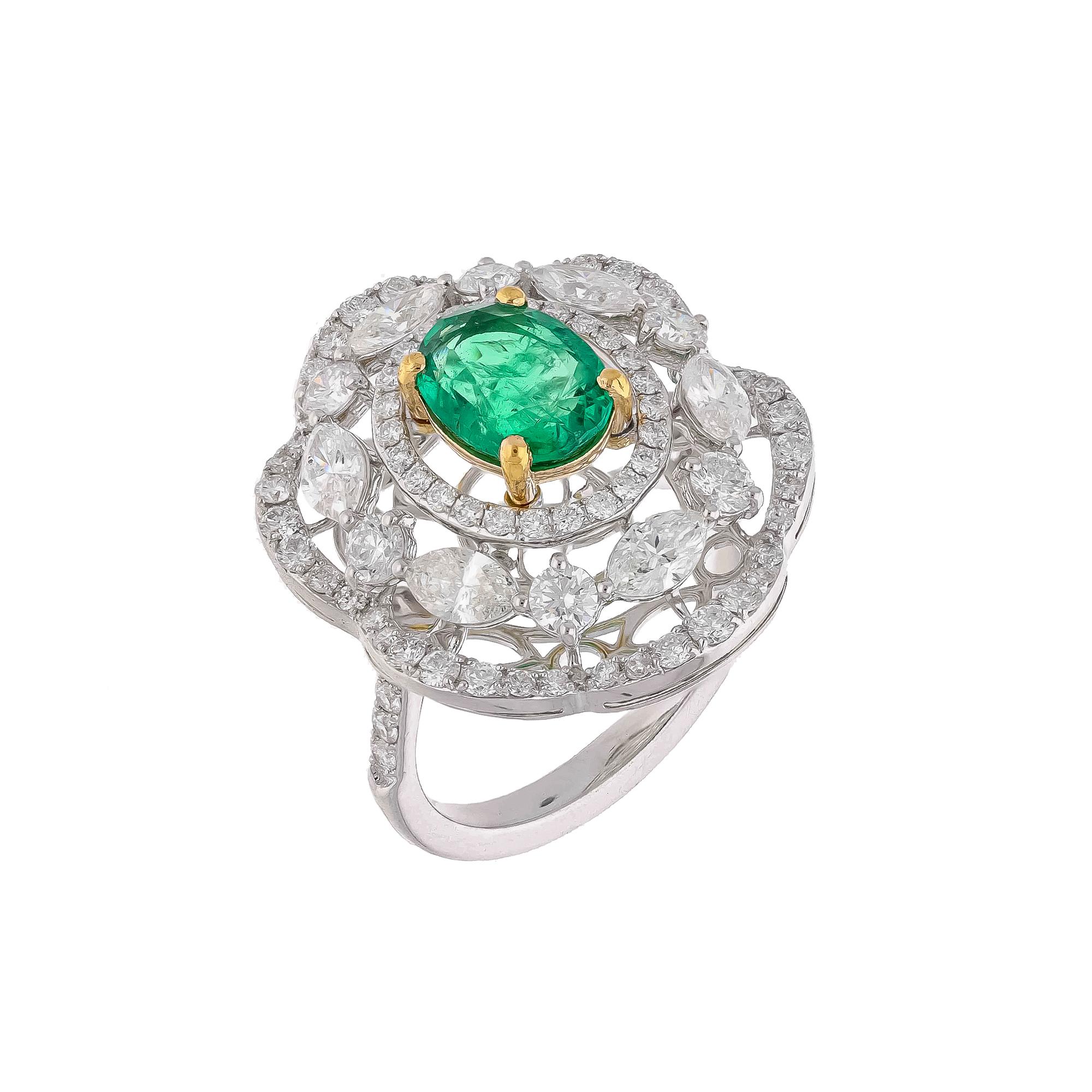 Mixed Cut Natural Zambian Emerald Ring with Diamond and 18k Gold For Sale