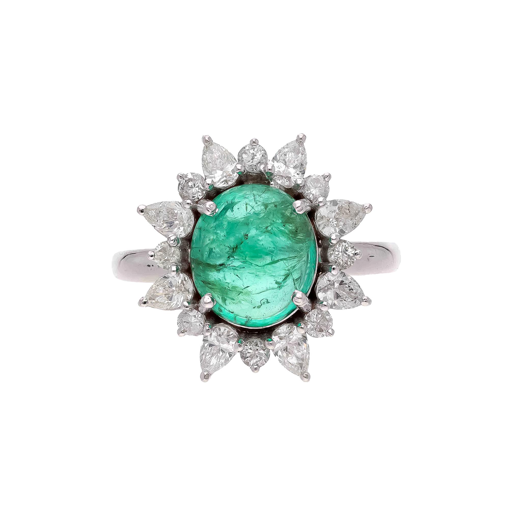 Mixed Cut Natural Zambian Emerald Ring with Diamond and 18k Gold For Sale