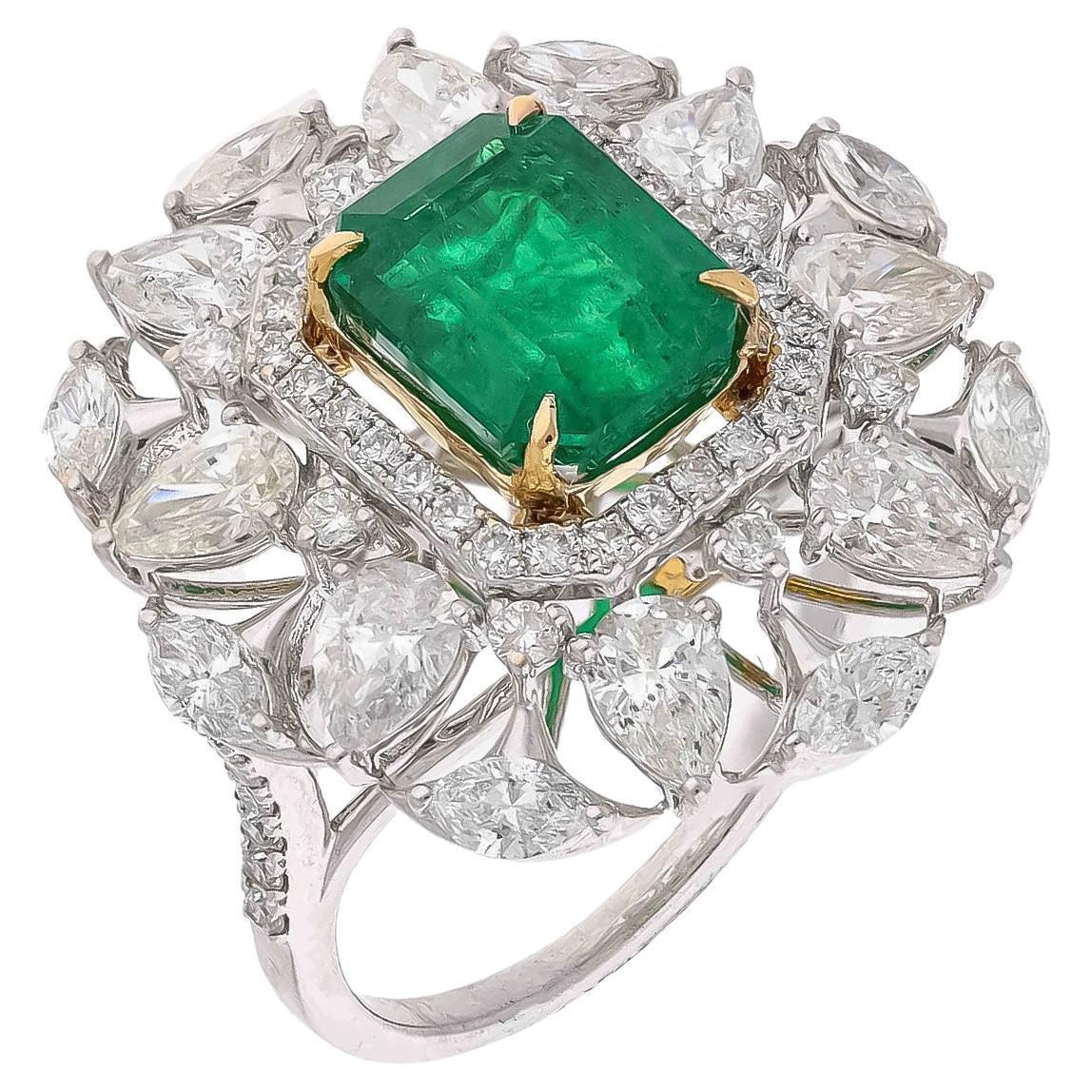 Natürlicher sambischer Smaragdring mit Diamanten und 18 Karat Gold