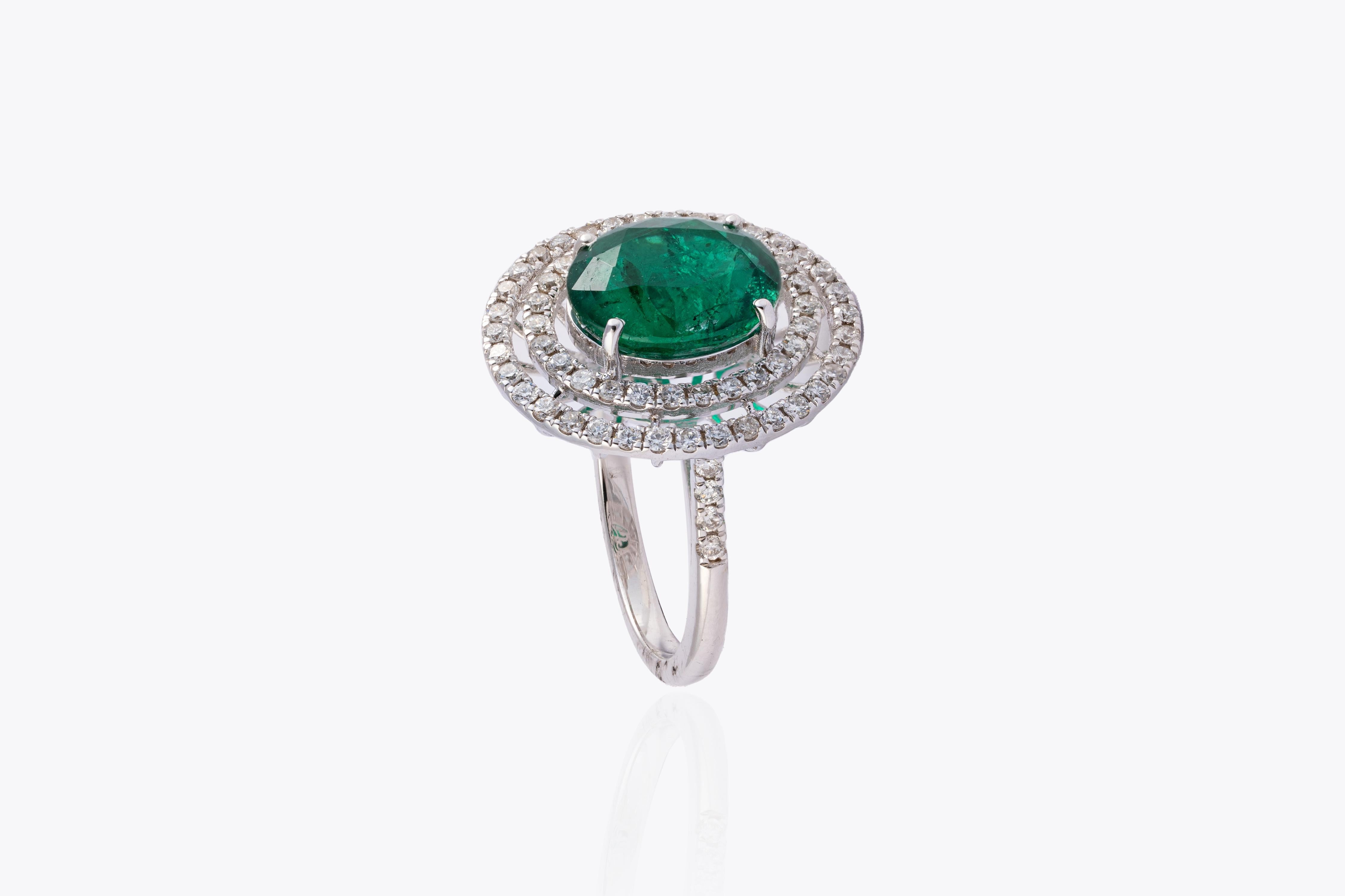 Emerald Cut Natural Zambian Emerald Ring with Diamonds and 14k Gold