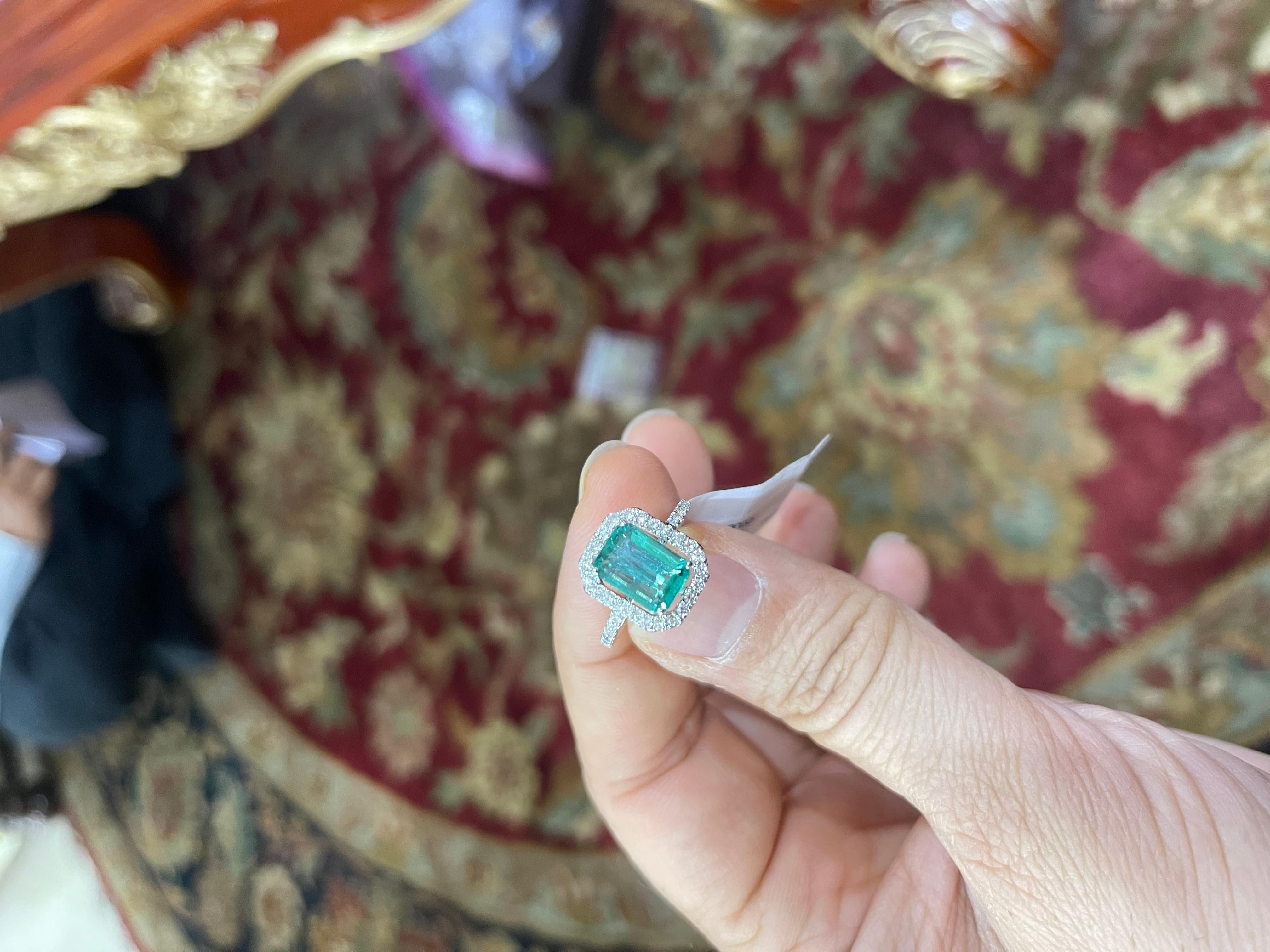 Emerald Cut Natural Zambian Emerald Ring with Diamonds and 14k Gold