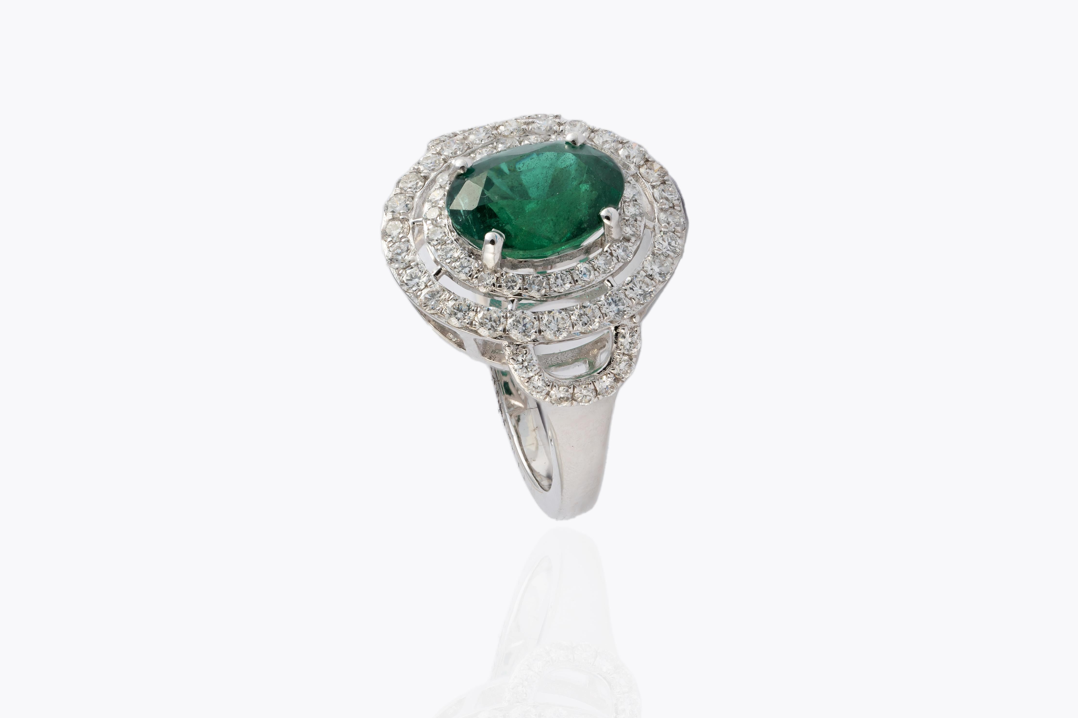 Emerald Cut 3.36cts Zambian Emerald Ring with 1.01cts Diamonds and 14k Gold For Sale