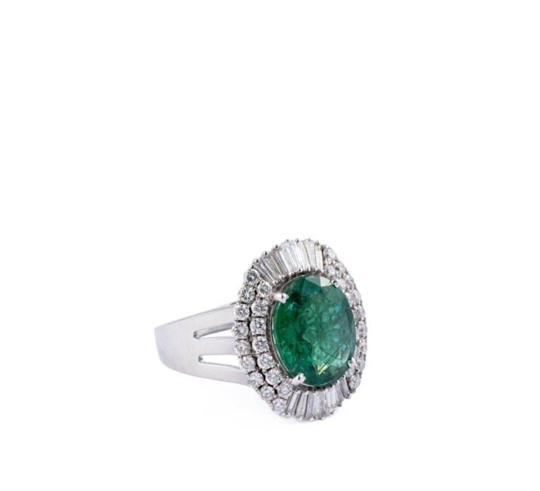 Emerald Cut Natural Zambian Emerald Ring with Diamonds and 14k Gold For Sale