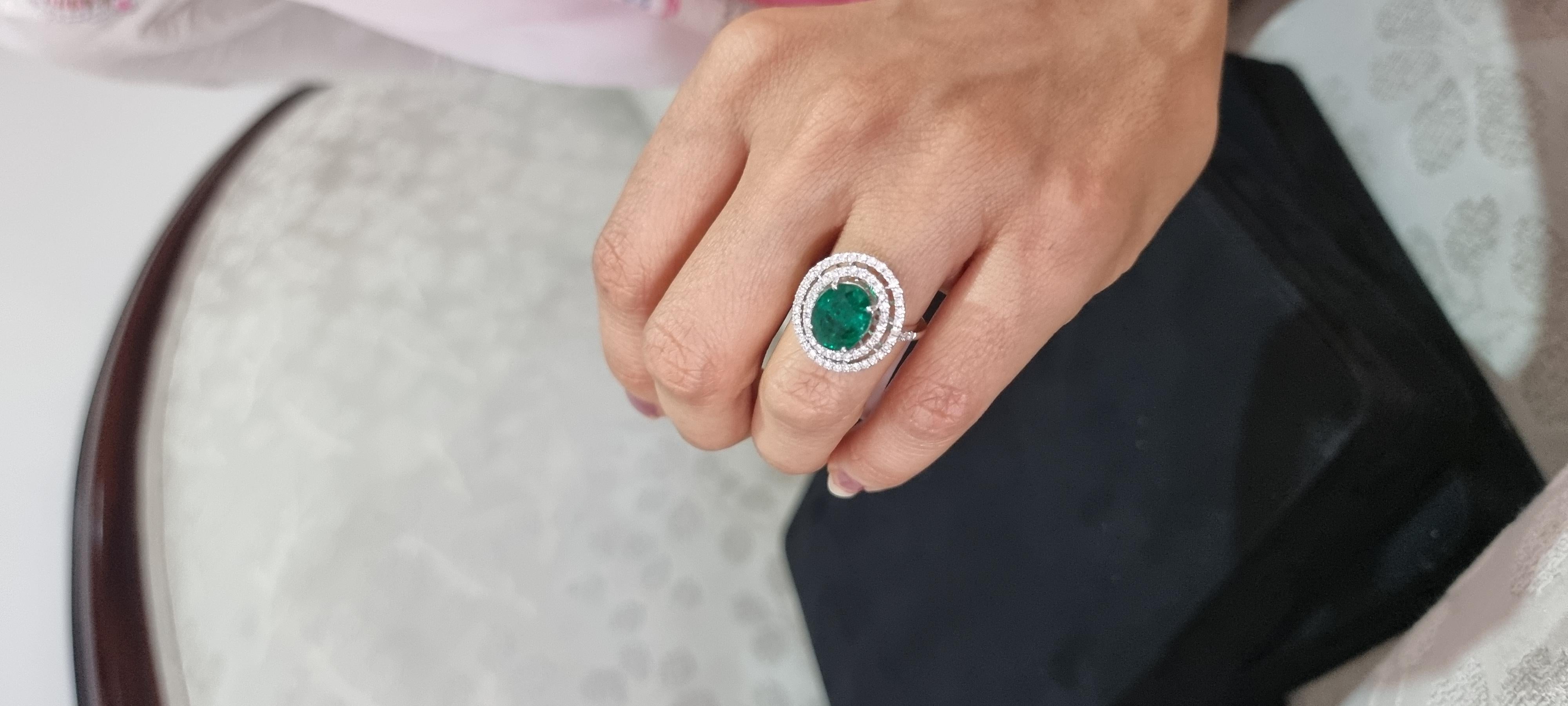 Women's or Men's Natural Zambian Emerald Ring with Diamonds and 14k Gold