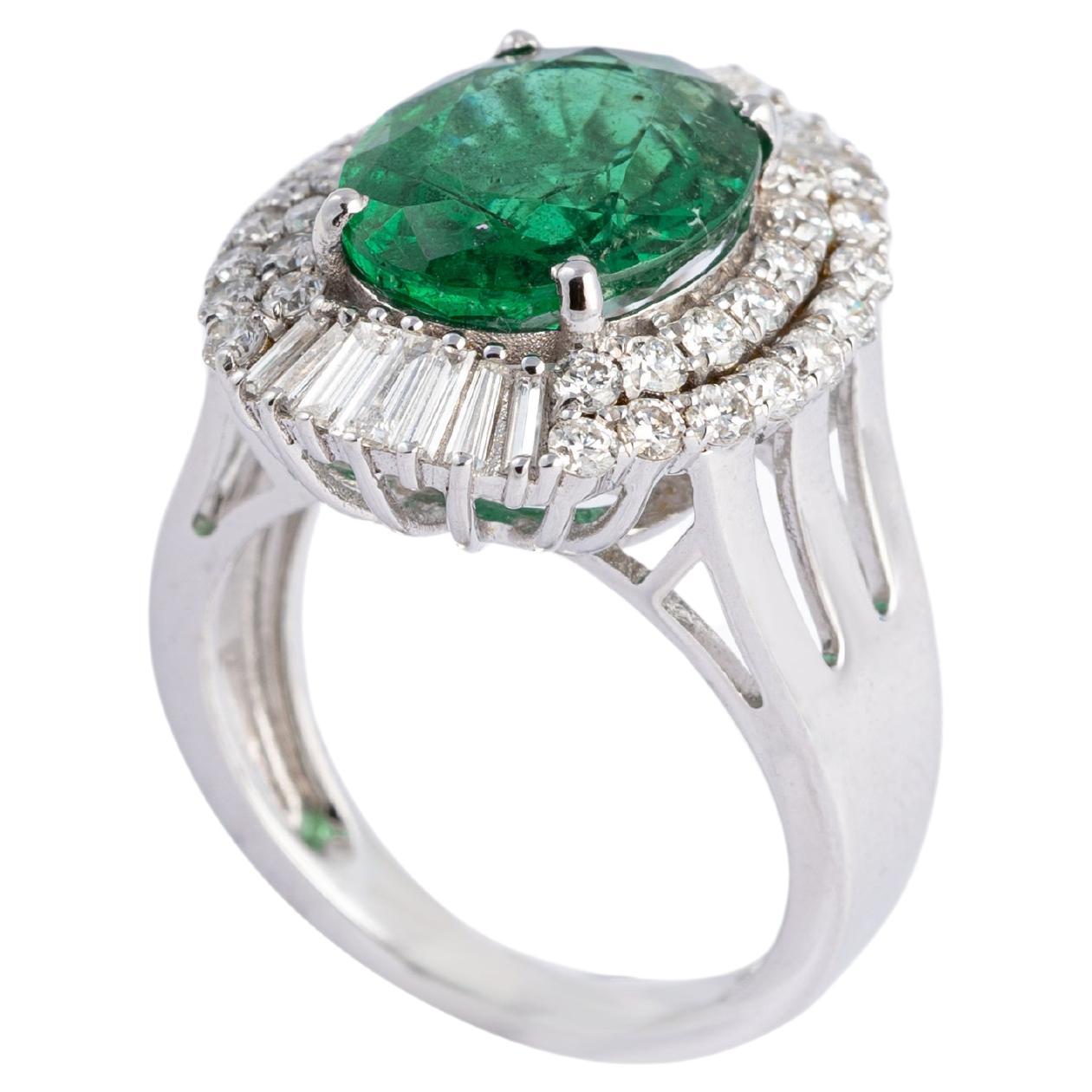 Natural Zambian Emerald Ring with Diamonds and 14k Gold For Sale