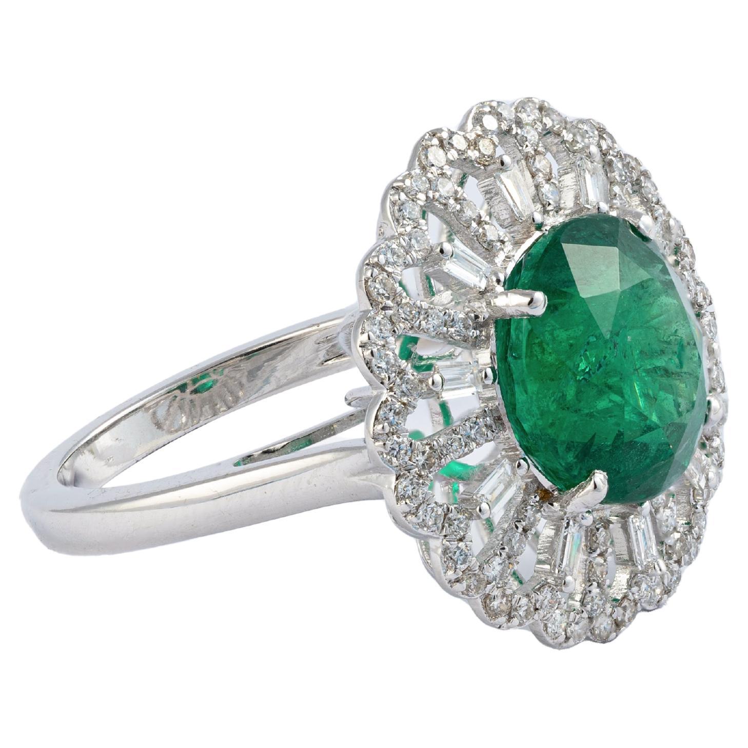 Natural Zambian Emerald Ring with Diamonds in 14k Gold For Sale