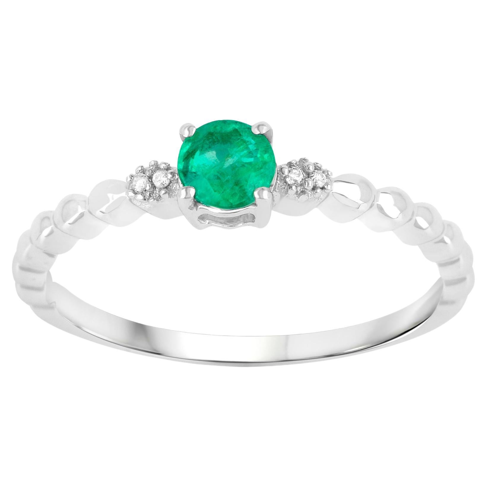 Natural Zambian Emerald Ring With Two Side Diamonds 0.31 Carats 14K White Gold