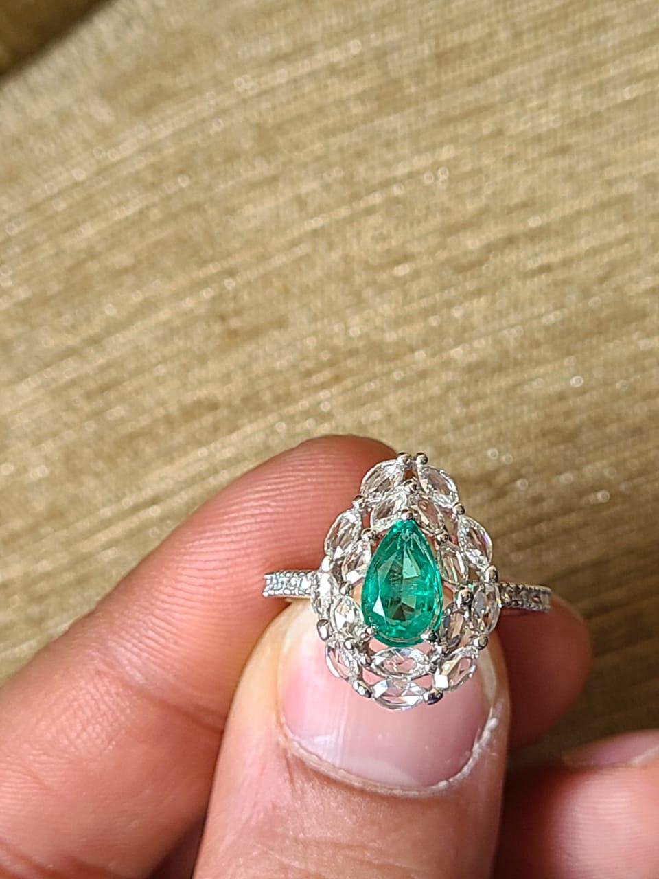 Modern Natural Zambian Emerald & Rose Cut Diamond Engagement Ring set in 18K White Gold