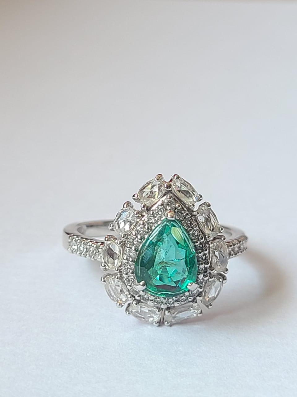 emerald with white rosecut diamond 18ky gold ring