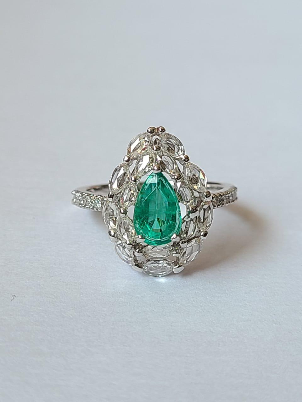 Women's or Men's Natural Zambian Emerald & Rose Cut Diamond Engagement Ring set in 18K White Gold