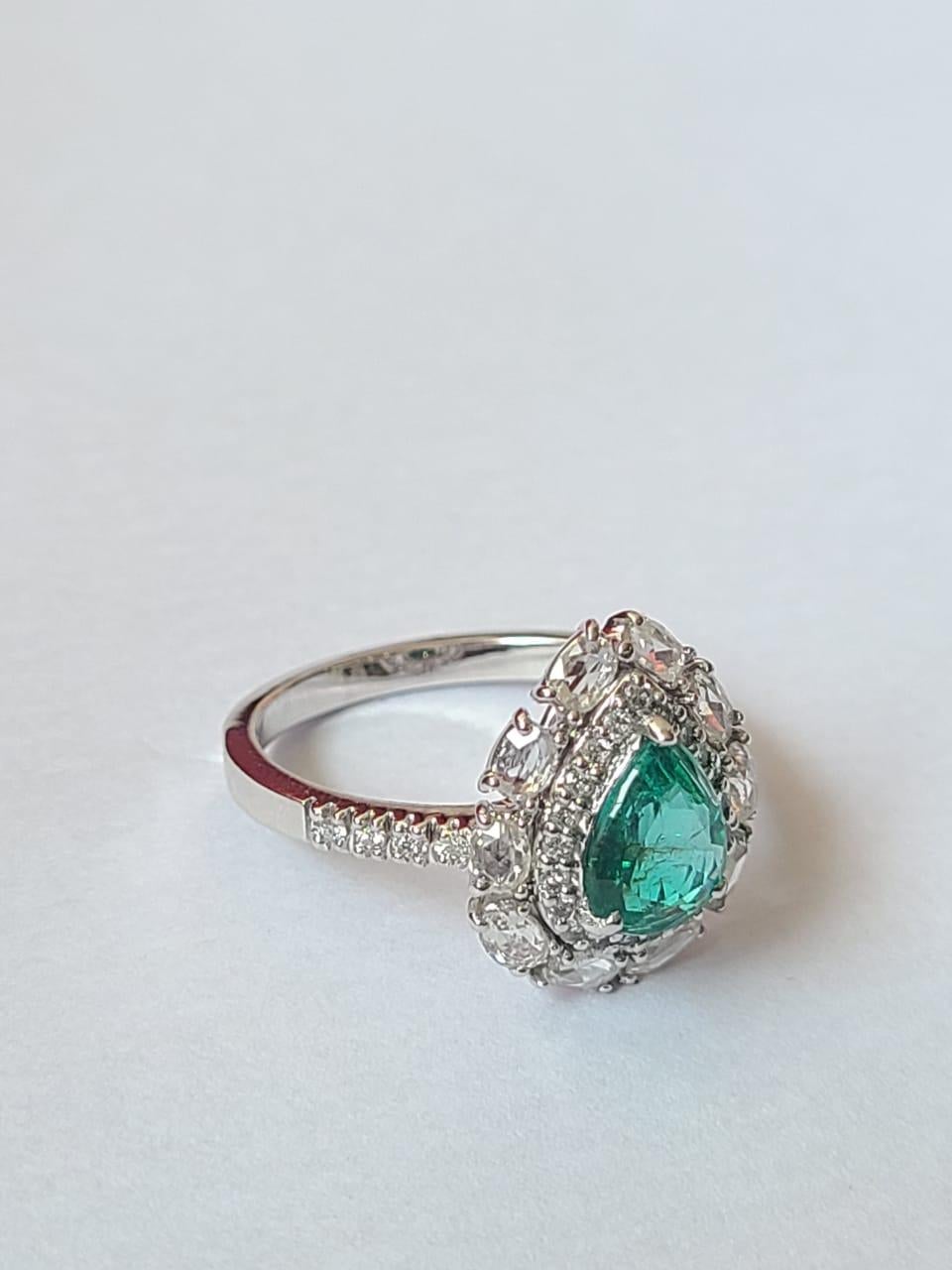 Modern Natural Zambian Emerald & Rose Cut Diamond Engagement Ring Set in 18K White Gold For Sale