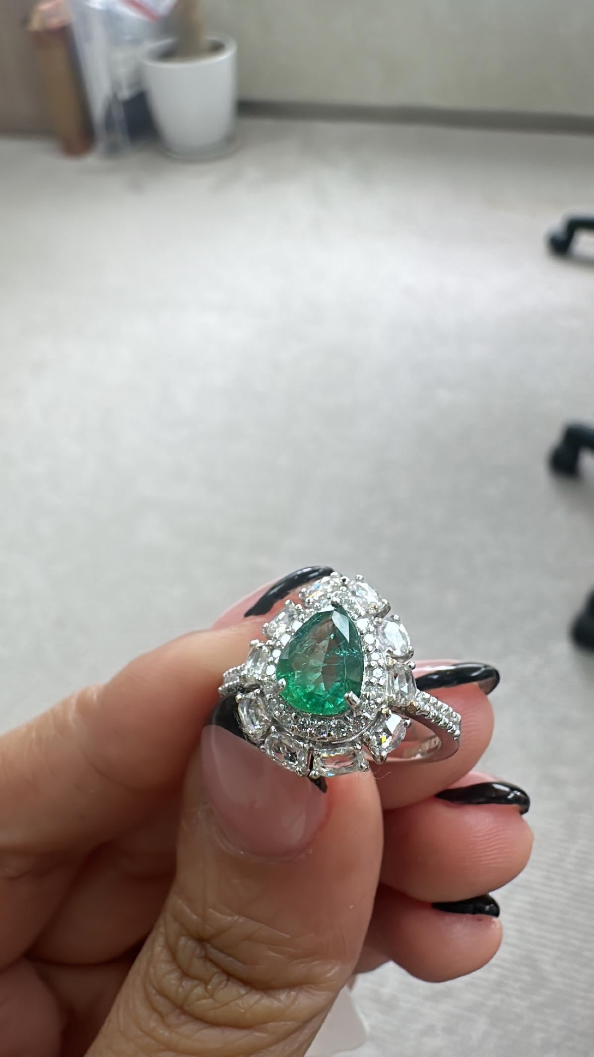 Women's or Men's Natural Zambian Emerald & Rose Cut Diamond Engagement Ring Set in 18K White Gold
