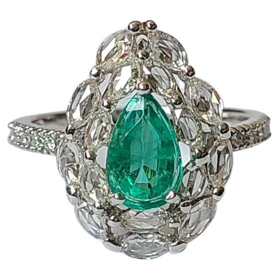 Natural Zambian Emerald & Rose Cut Diamond Engagement Ring set in 18K White Gold