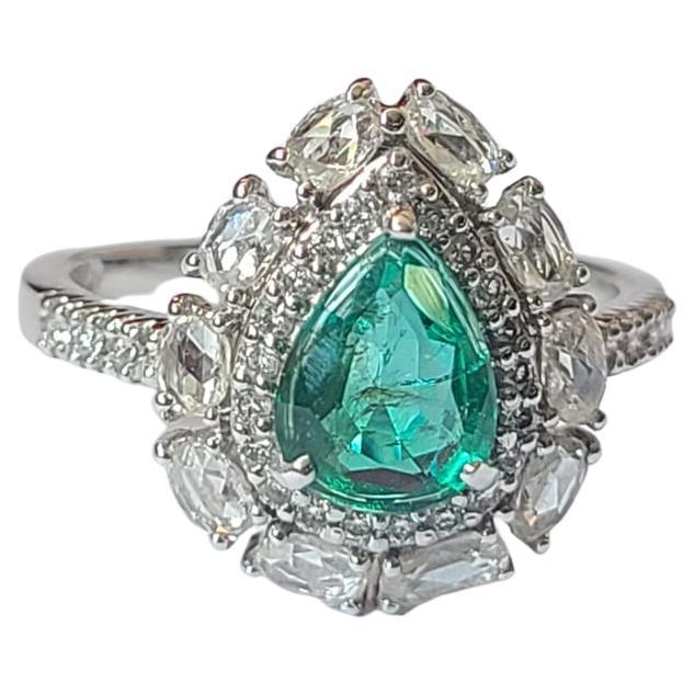 Natural Zambian Emerald & Rose Cut Diamond Engagement Ring Set in 18K White Gold