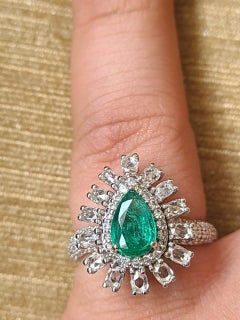 Natural Zambian Emerald & Rose Cut Diamonds Engagement Ring Set in 18K Gold