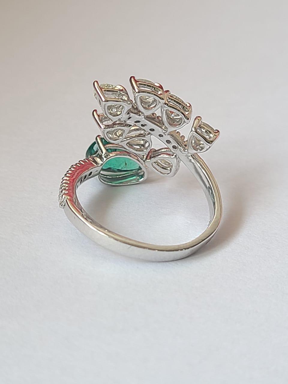 Modern Natural, Zambian Emerald & Rose Cut Diamonds Engagement Ring Set in 18K Gold