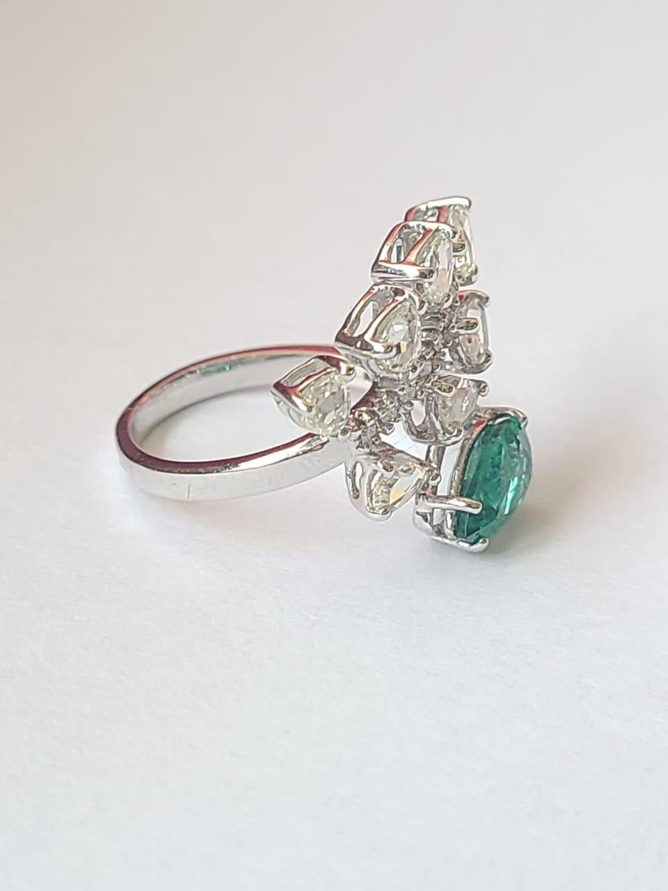 Women's or Men's Natural, Zambian Emerald & Rose Cut Diamonds Engagement Ring Set in 18K Gold