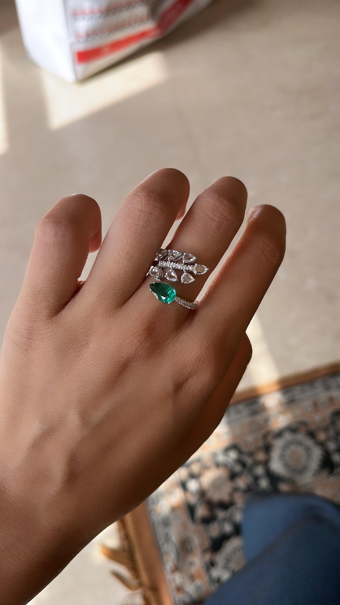 Natural, Zambian Emerald & Rose Cut Diamonds Engagement Ring Set in 18K Gold 1