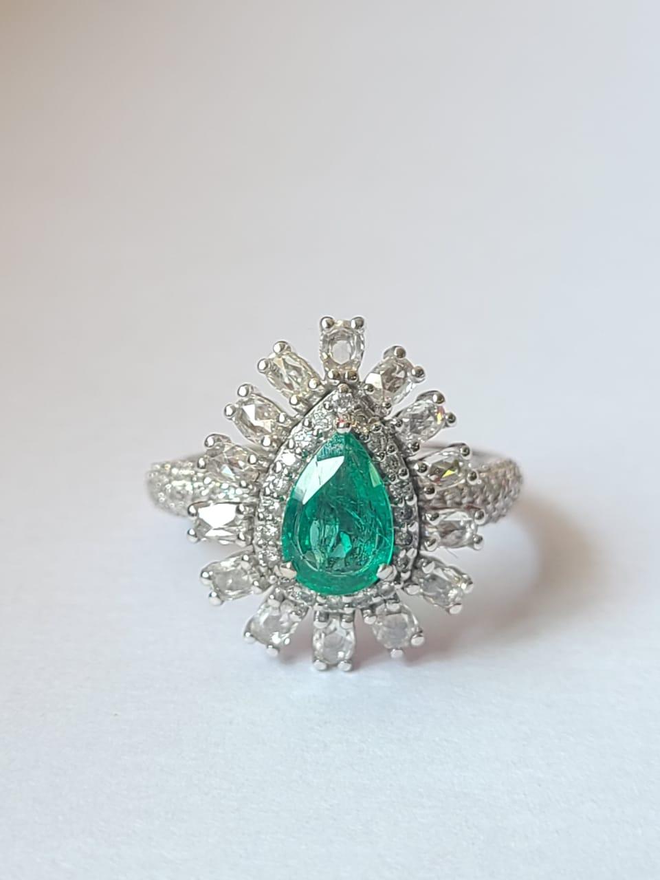 Natural Zambian Emerald & Rose Cut Diamonds Engagement Ring Set in 18K Gold For Sale 1