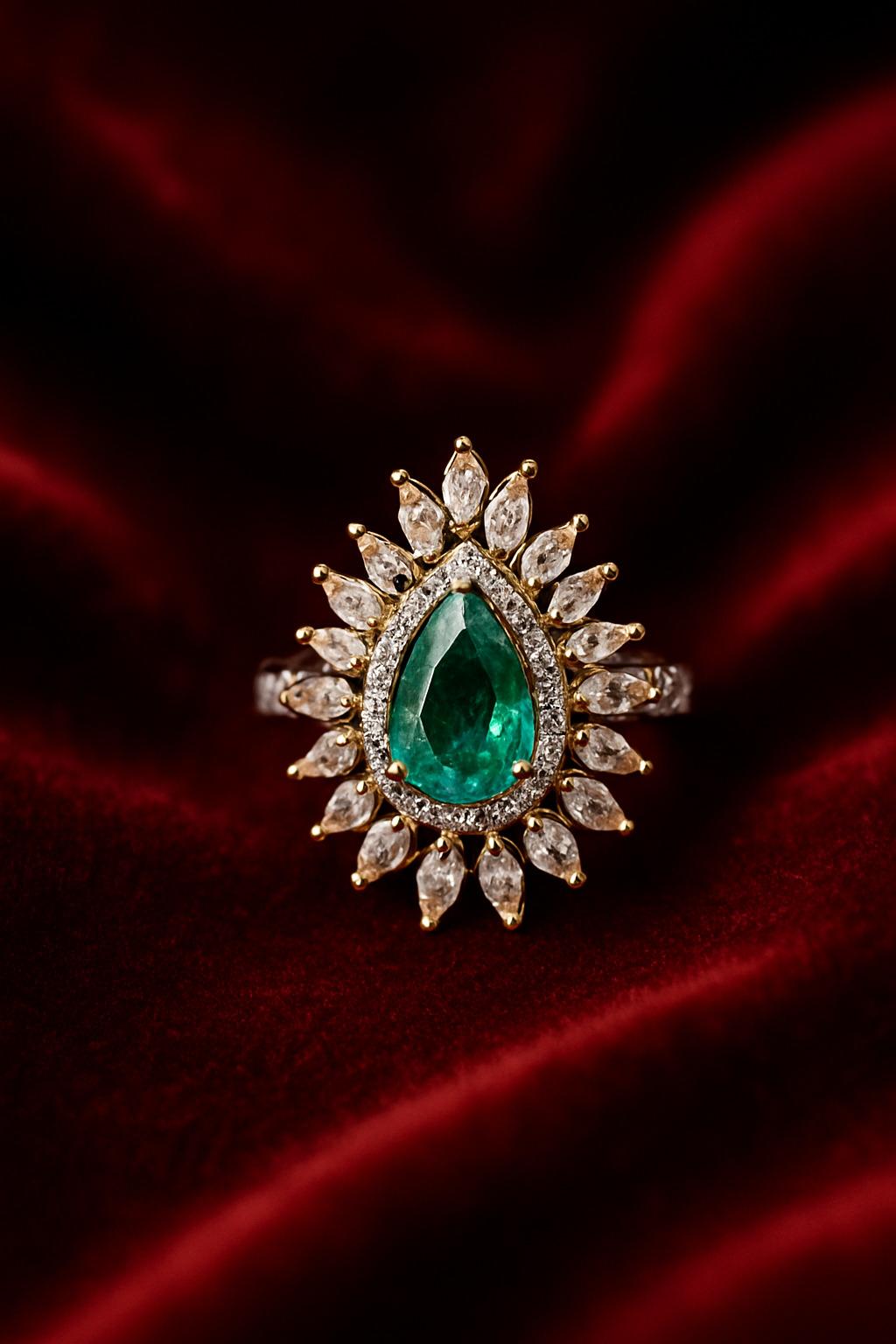 Natürlicher sambischer Smaragd & Diamanten im Rosenschliff Verlobungsring in 18K Gold im Angebot 2