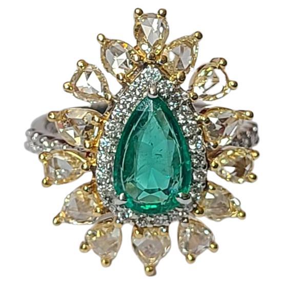 Natural Zambian Emerald & Rose Cut Diamonds Engagement Ring Set in 18K Gold For Sale