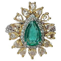 Natural Zambian Emerald & Rose Cut Diamonds Engagement Ring Set in 18K Gold