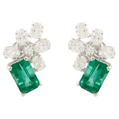 Natural Zambian Emerald SI/H Diamond Cluster Stud Earrings 18 Karat White Gold
