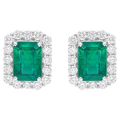 Natural Zambian Emerald SI/H Diamond Halo Earrings 14 White Gold Fine Jewelry