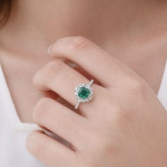 Natural Zambian Emerald SI/H Diamond Halo Wedding Ring 14 Karat White Gold