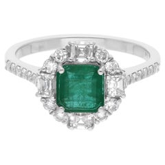 Natural Zambian Emerald SI/H Diamond Halo Wedding Ring 14 Karat White Gold