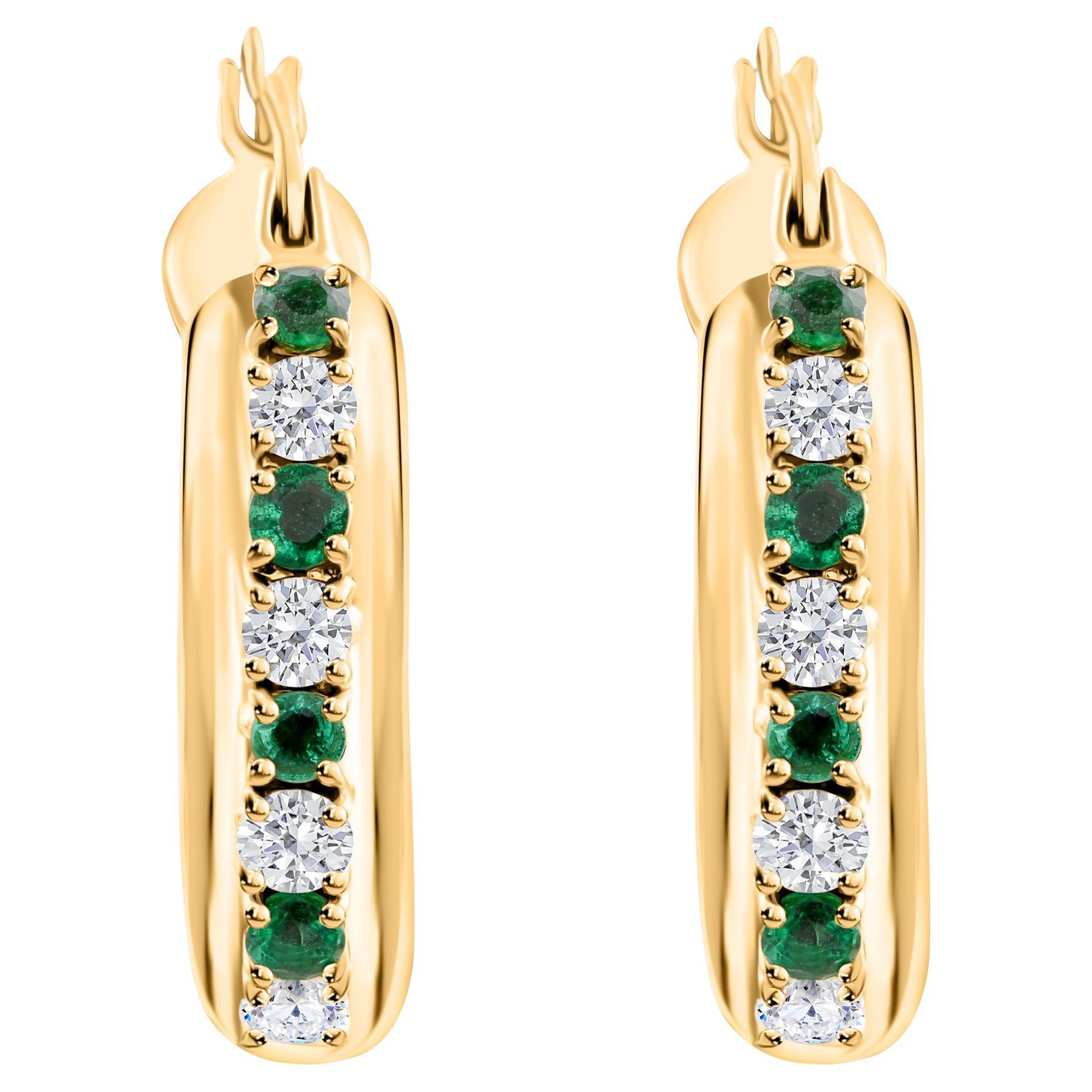 Natural Zambian Emerald SI/H Diamond Hoop Earrings 18 Karat Yellow Gold Jewelry