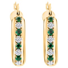Natural Zambian Emerald SI/H Diamond Hoop Earrings 18 Karat Yellow Gold Jewelry