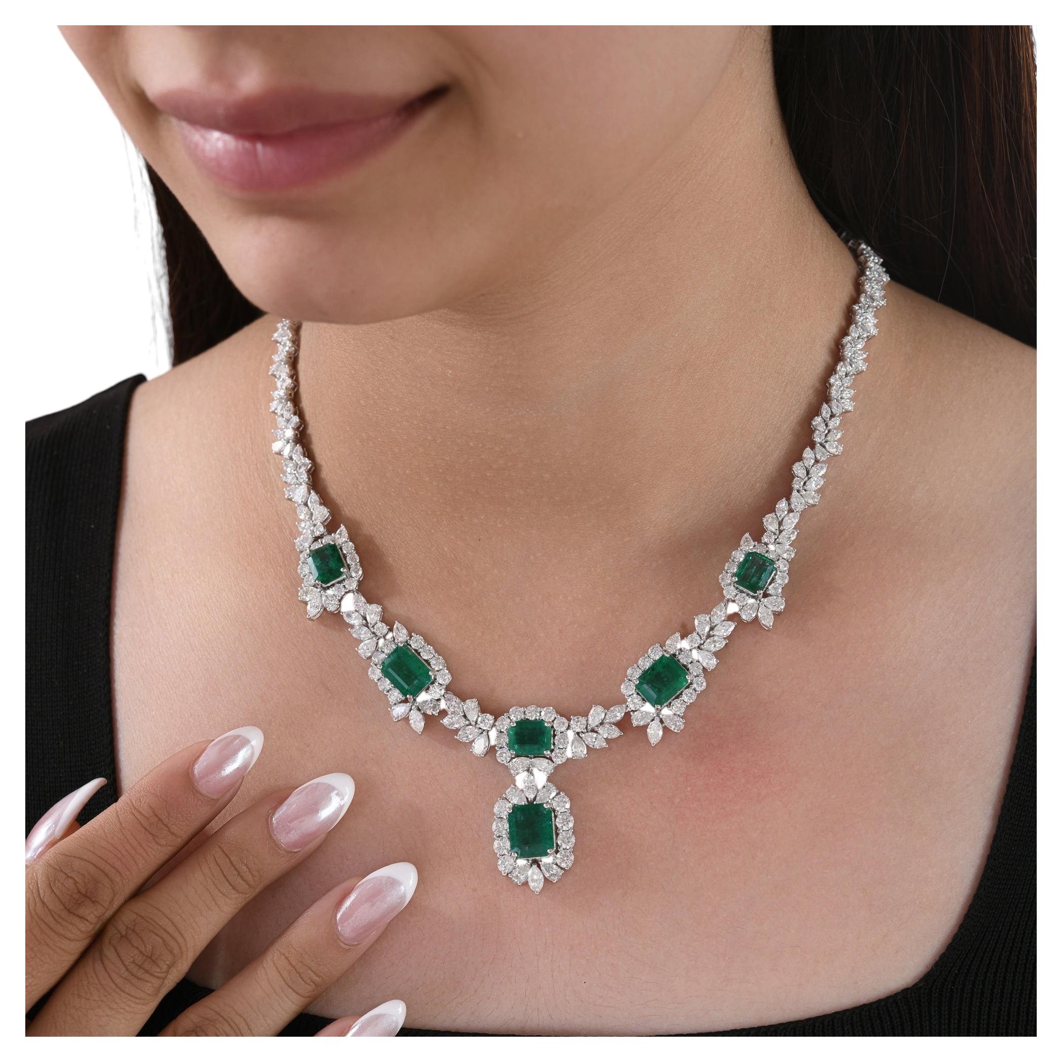Natural Zambian Emerald SI/H Diamond Necklace 18 Karat White Gold Fine Jewelry