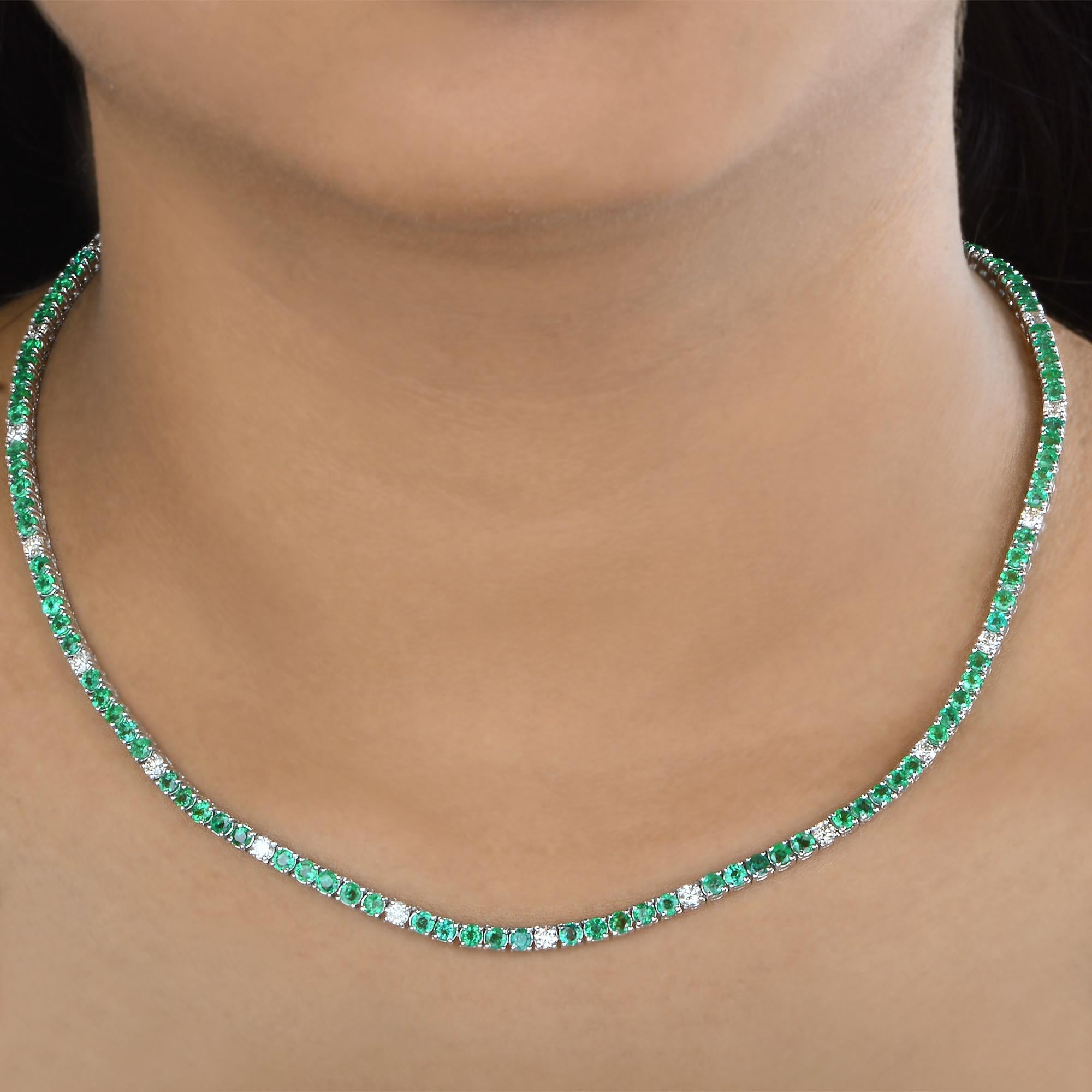 Emerald Cut Natural Zambian Emerald SI/H Diamond Tennis Necklace 10 Karat White Gold Jewelry For Sale
