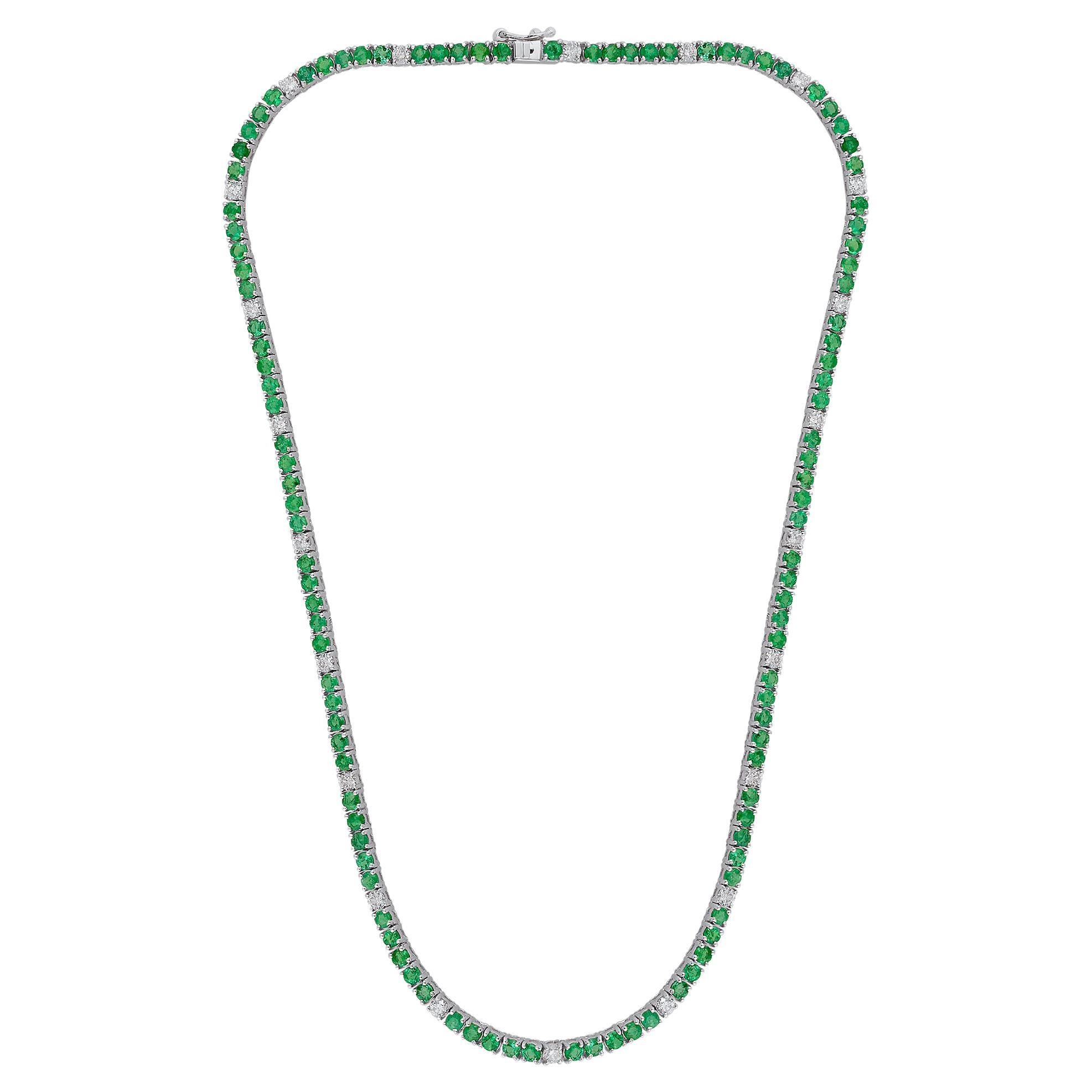 Natural Zambian Emerald SI/H Diamond Tennis Necklace 10 Karat White Gold Jewelry For Sale