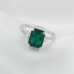 Natural Zambian Emerald Statement Ring in 18K White Gold Natural Diamond Accents