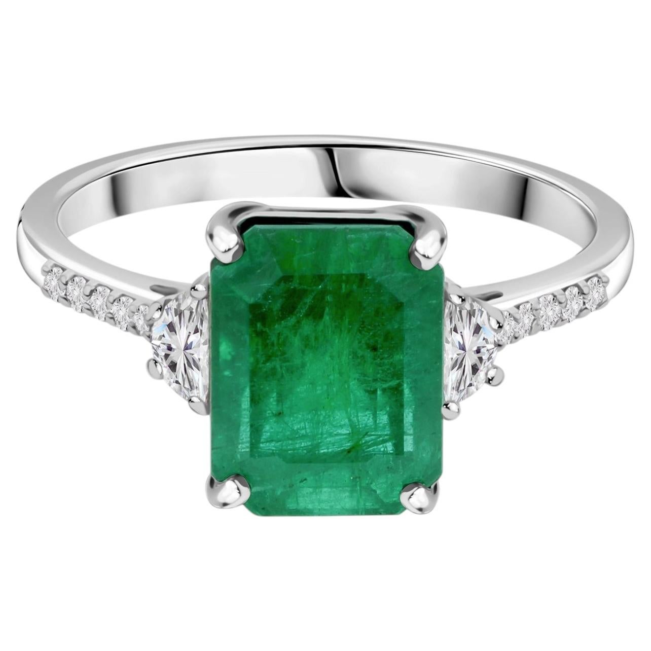 18K White Gold 3.03-Carat Emerald-Cut Emerald and Diamond Three-Stone Ring