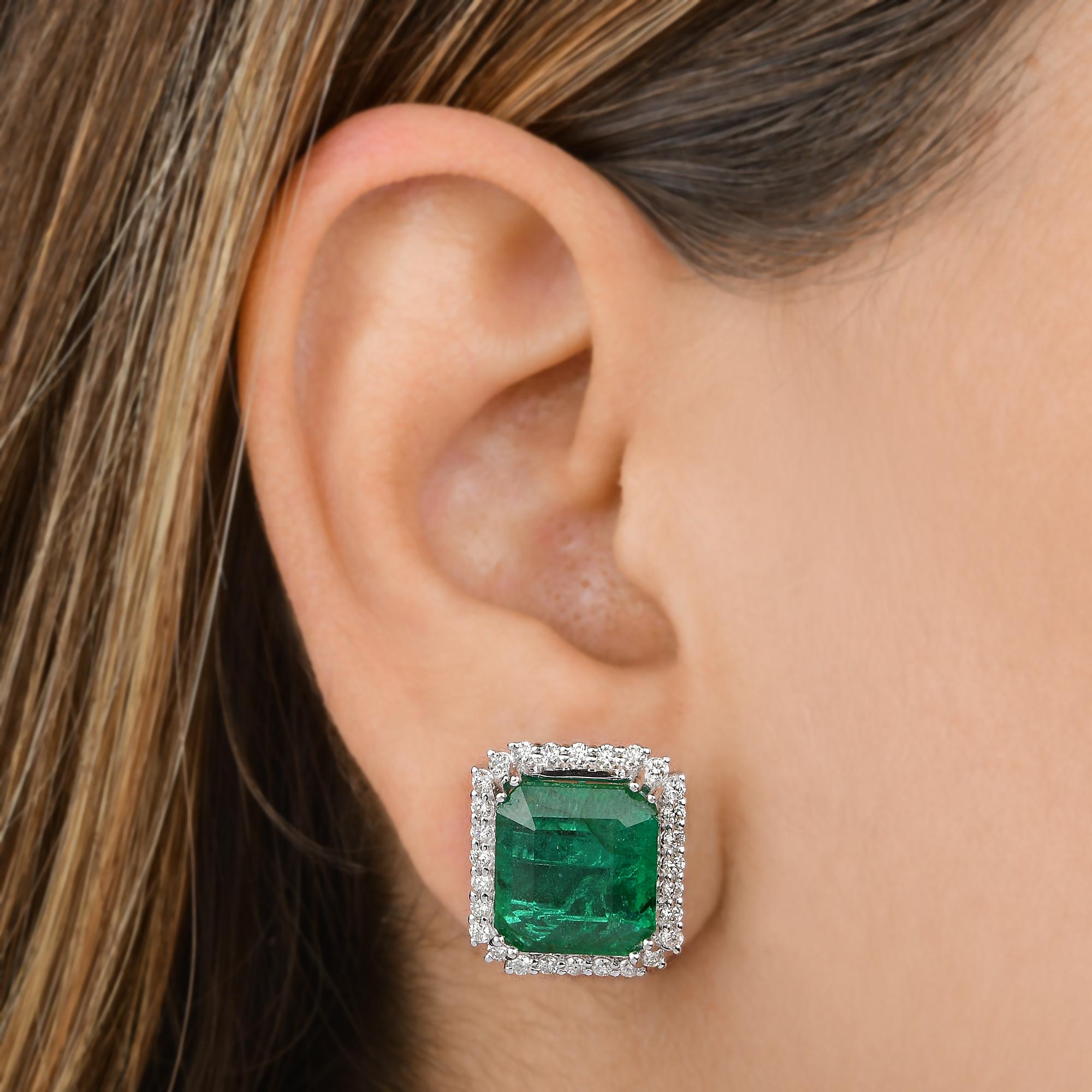 Emerald Cut Natural Zambian Emerald Stud Earrings SI/HI Diamond 18 Karat White Gold Jewelry For Sale