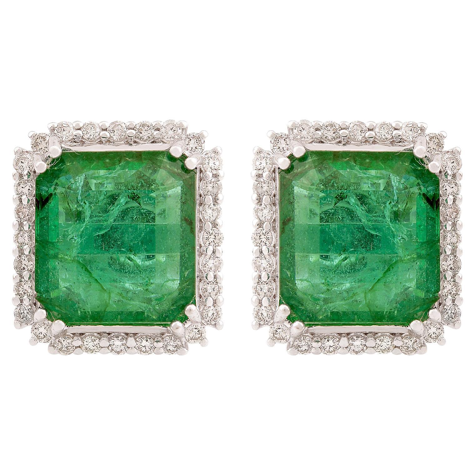 Natural Zambian Emerald Stud Earrings SI/HI Diamond 18 Karat White Gold Jewelry