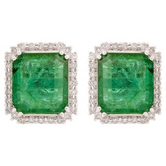 Natural Zambian Emerald Stud Earrings SI/HI Diamond 18 Karat White Gold Jewelry