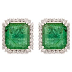 Natural Zambian Emerald Stud Earrings SI/HI Diamond 18 Karat White Gold Jewelry