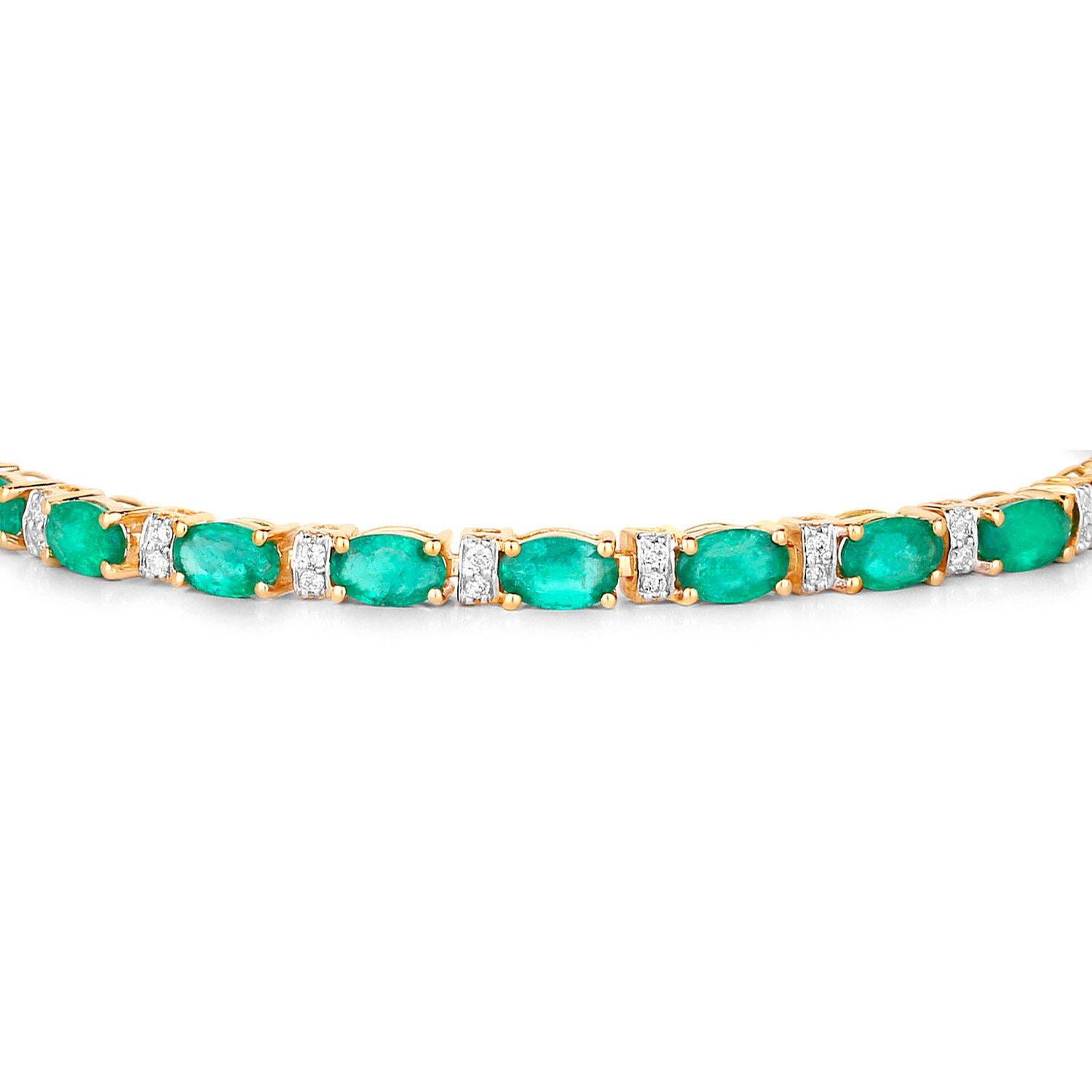 Oval Cut Natural Zambian Emerald Tennis Bracelet Diamond Links 5 Carats 14K Yellow Gold For Sale