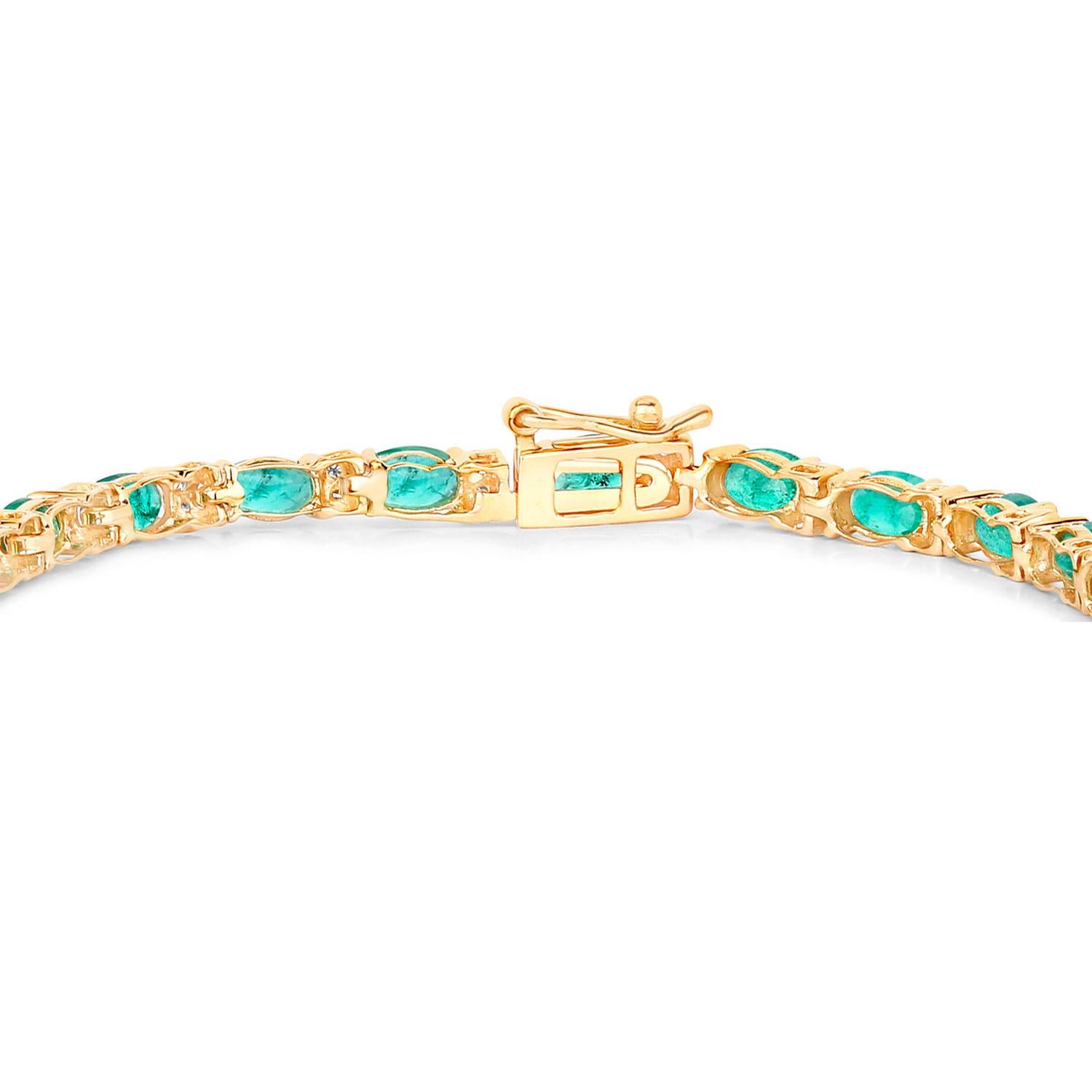 Natural Zambian Emerald Tennis Bracelet Diamond Links 5 Carats 14K Yellow Gold In Excellent Condition For Sale In Laguna Niguel, CA