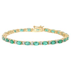 Natural Zambian Emerald Tennis Bracelet Diamond Links 5 Carats 14K Yellow Gold